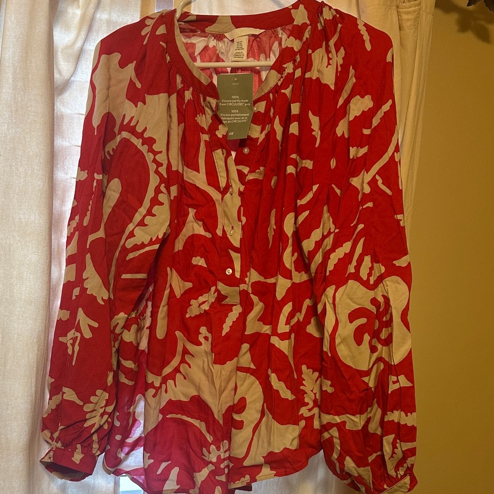 Red and Tan Floral Women's Top